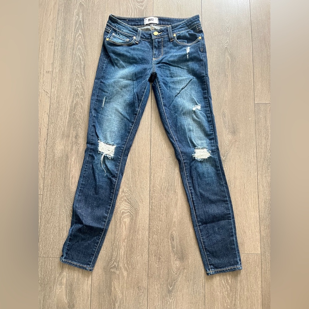 PAIGE Dark Wash Distressed Skinny Jeans